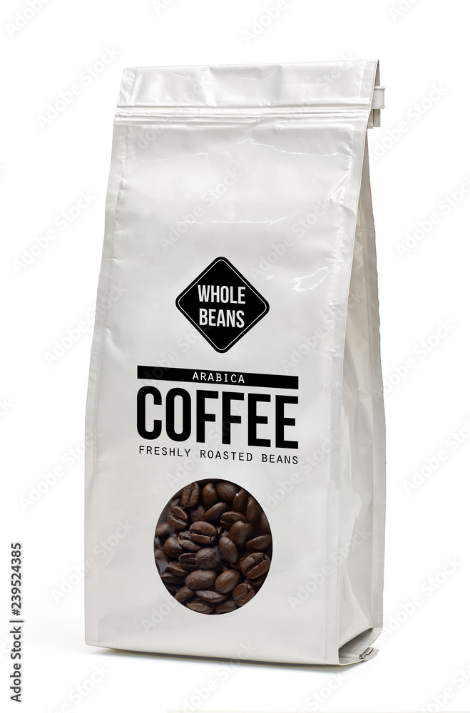 White paper bag with coffee beans in transparent window on white background  including clipping path Stock Photo | Adobe Stock