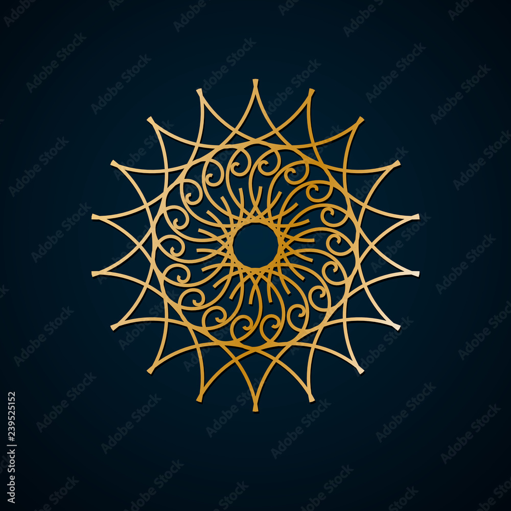 Islamic geometric, floral round ornament, pattern of gold lines. Mandala. Decorative gold pattern, oriental motif. Design element, ethnic oriental theme elegant golden lines. Vector decorative pattern Islamic geometric, floral round ornament, pattern of gold lines. Mandala. Decorative gold pattern, oriental motif. Design element, ethnic oriental theme elegant golden lines. Vector decorative pattern