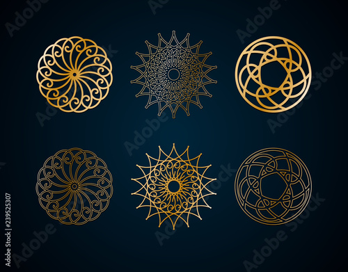 Ethnic geometric floral round ornament pattern of gold lines Mandala Decorative gold pattern oriental motif Design element ethnic oriental theme elegant golden lines Vector set decorative pattern