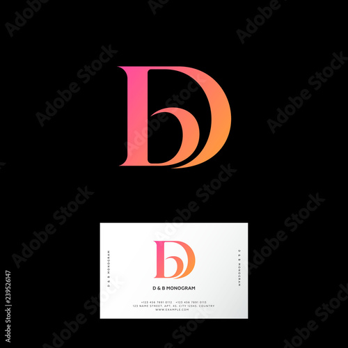 D and B letters. D, B monogram consist of orange letters. Web, UI icon. Identity. Business card.