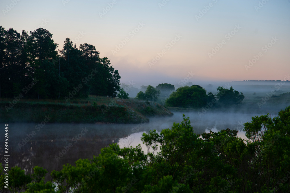A foggy morning at a lake in North Carolina.