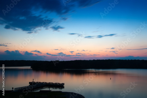 Reflection of the sky in a lake at dusk.