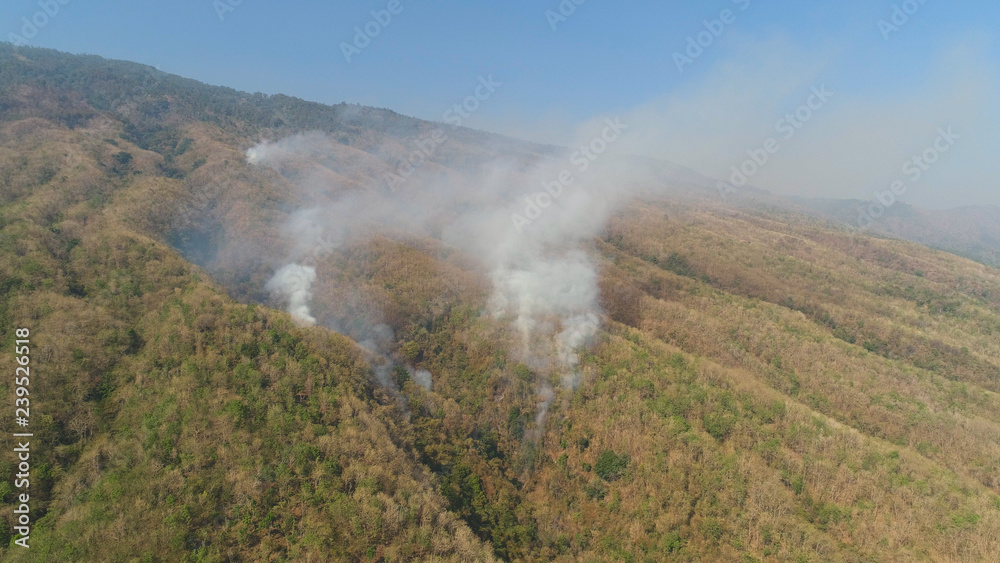 Fototapeta premium aerial view forest fire smoke on the slopes hills. wild fire in tropical forest, Indonesia. natural disaster fire in Southeast Asia