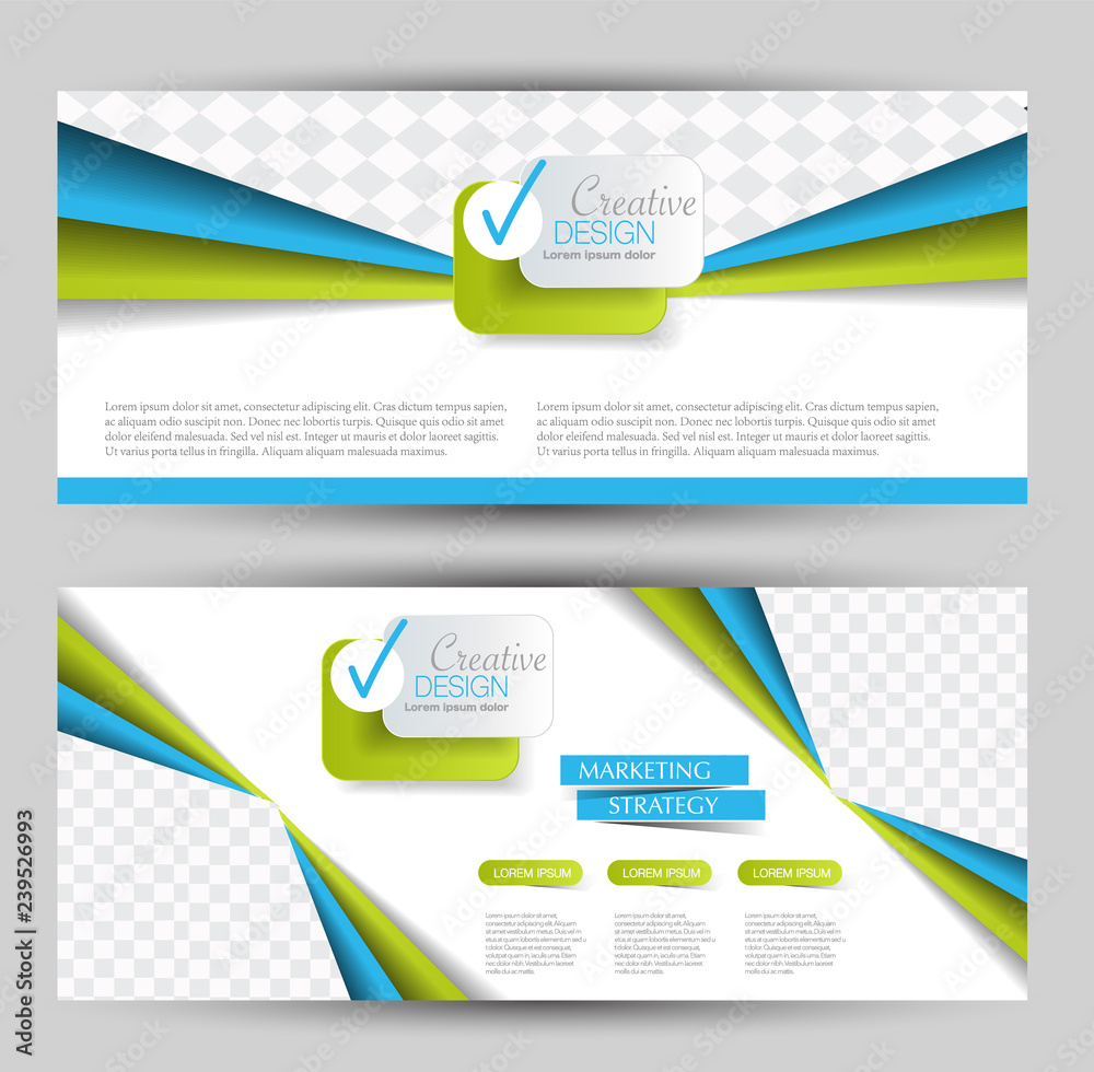 Naklejka premium Flyer banner or web header template set. Vector illustration promotion design background. Blue and green color.