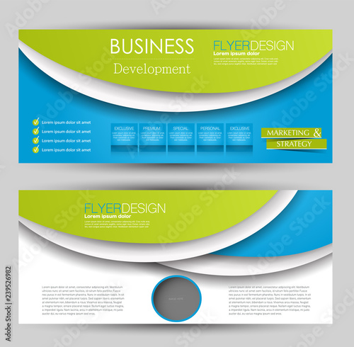 Flyer banner or web header template set. Vector illustration promotion design background. Blue and green color.
