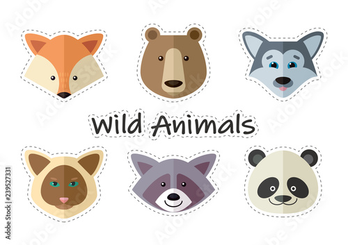 Fototapeta Naklejka Na Ścianę i Meble -  Stickers with cute animal muzzles. Wild animals portrait set with flat design. Vector illustration