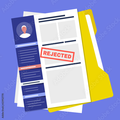 Applying for a job. Rejected. Failure. Experience and skills. CV. Curriculum vitae / flat editable vector illustration, clip art