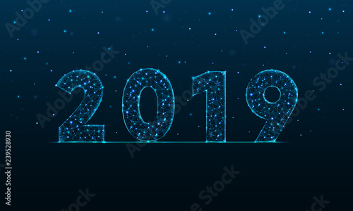 2019 New Year illustration made by points and lines, polygonal, Low poly holiday background, abstract design illustration
