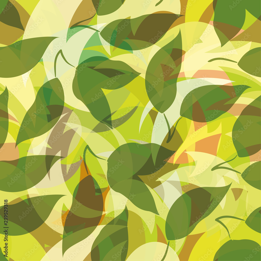Seamless Background, Green Leaves Silhouettes on Abstract Tile Pattern. Vector Seamless Background, Green Leaves Silhouettes on Abstract Tile Pattern. Vector
