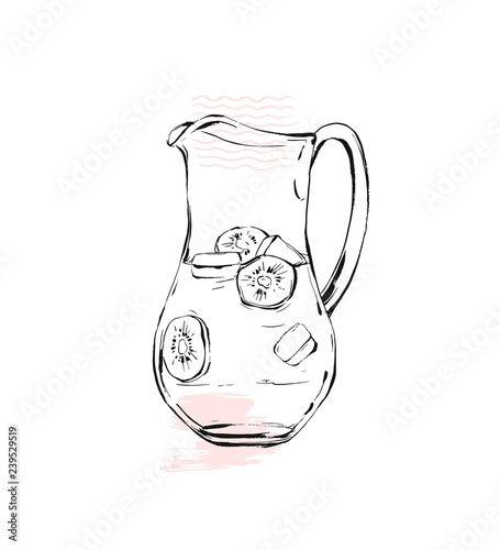 Hand drawn vector graphic Kitchen glassware utensils pitcher glasses bowel drinking accessories brush drawing isolated on white background with pastel colored freehand textures.Kitchen interior icon