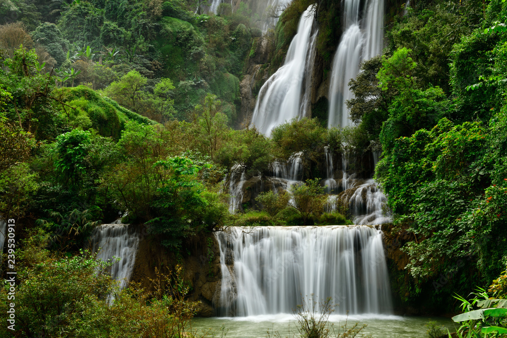 Great waterfall in Thailand. Beautiful waterfall in the green forest. Waterfall in tropical forest at Umpang National park, Tak, Thailand.