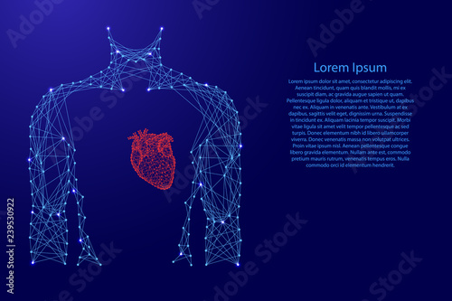Man torso heart in breast medicine health from futuristic polygonal blue and red lines and glowing stars for banner, poster, greeting card. Vector illustration.