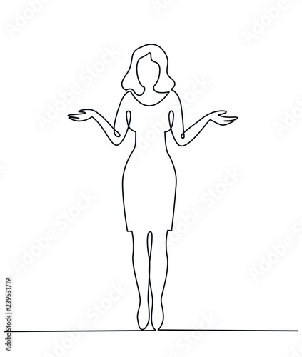 Continuous Line Drawing of Young woman spread her hand and shrugging shoulder.