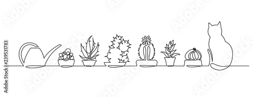Continuous one Line Drawing of Vector Cute Cactus. Black and White Sketch House Plants with a cat and a watering can on the window sill.