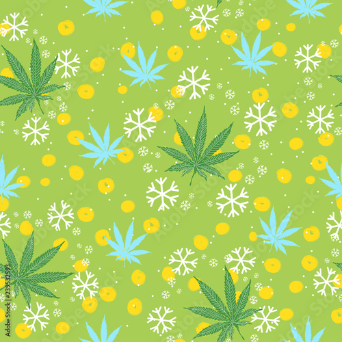 Seamless pattern with Christmas trees, snowflakes and cannabis leaves