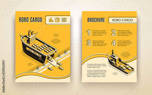 Maritime international transport company advertising brochure, annual report isometric vector page template with RORO cargo ships loaded with cars line art illustration. Business shipment infographics