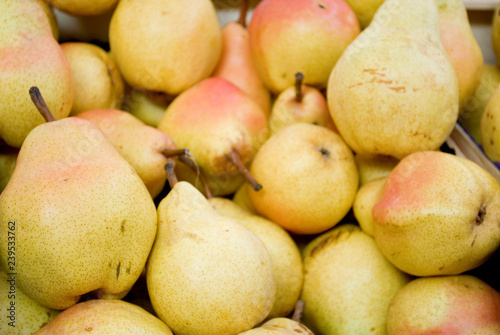 box full of pears, Williams variety, yellow and red, at the local fruit farmer market, agriculture, cultivation, food, diet, vitamins, nourishment, nutrition, Milan, Italy