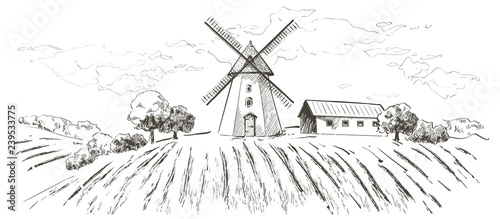 Rural landscape field wheat. Hand drawn vector Countryside landscape engraving style illustration.