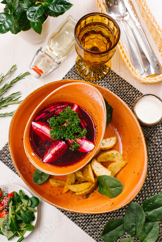 homemade cold soup with beetroot and egg photo