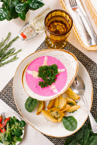 homemade cold soup with beetroot and egg photo