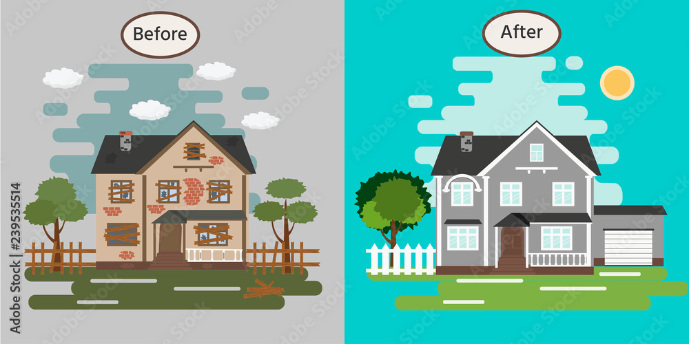 House before and after repair. Old run-down home. Renovation building. Vector illustration.