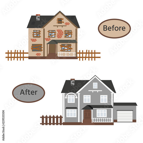 Suburban cottage before and after repair. Old run-down home. Renovation building. Vector illustration.