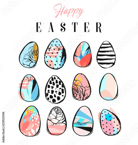 Hand made vector abstract collage textured colored Easter eggs collection set isolated on white background.Easter design decoration elements