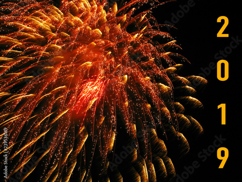 Frieworks light up the sky with dazzling display. Happy new year 2019 background