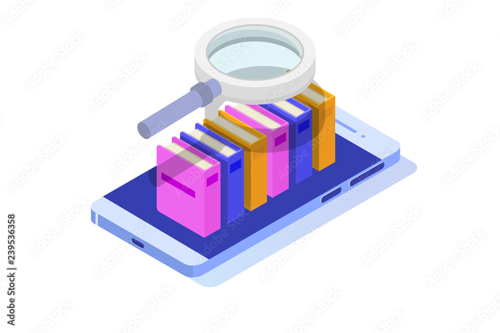 Online digital library isometric, online book shop, e-learning, eBook. Vector illustration. Online digital library isometric, online book shop, e-learning, eBook. Vector illustration.