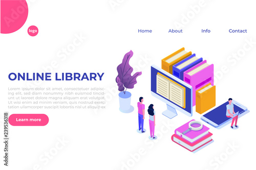 Online digital library isometric, online book shop, e-learning, eBook. Vector illustration.