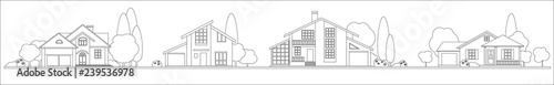 Suburban houses along the street . Set private houses in line art design style.