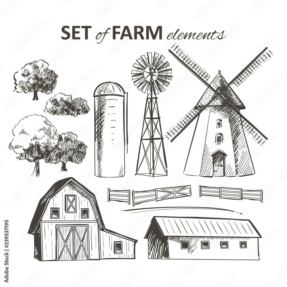 Rural landscape field wheat. Hand drawn vector Countryside landscape ...