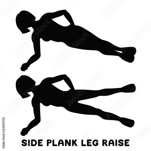 Side plank leg raise. Sport exersice. Silhouettes of woman doing exercise. Workout, training.