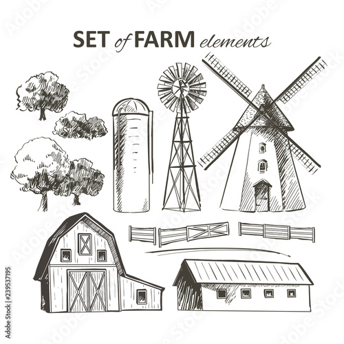 Rural landscape field wheat. Hand drawn vector Countryside landscape engraving style illustration.