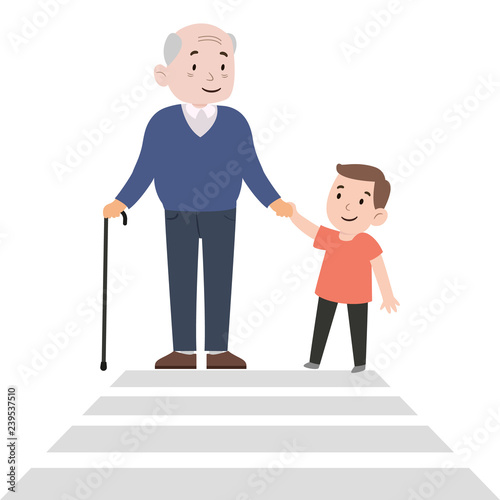Happy boy helps grandfather cross the road. Safe life. Kindness consept. Color vector illustration