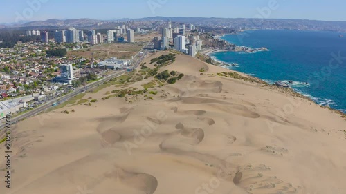 Aerial view and cityscape of Viña del Mar, Chile, with dunes and beaches 