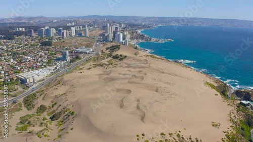Aerial view and cityscape of Viña del Mar, Chile, with dunes and beaches 