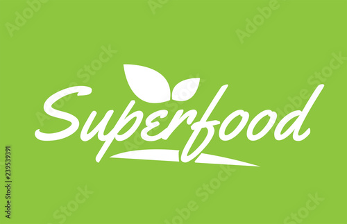 superfood white text word with leaf logo icon on green background