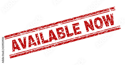 AVAILABLE NOW seal print with distress texture. Red vector rubber print of AVAILABLE NOW text with unclean texture. Text tag is placed between double parallel lines.