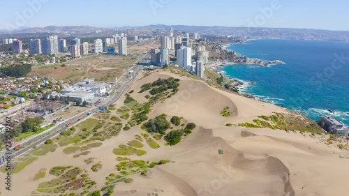 Aerial view and cityscape of Viña del Mar, Chile, with dunes and beaches 