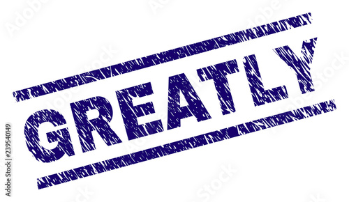 GREATLY seal print with distress style. Blue vector rubber print of GREATLY title with grunge texture. Text title is placed between parallel lines.