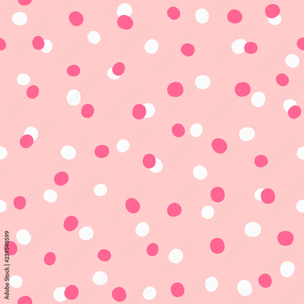 Irregular polka dot. Seamless pattern for girls. Stylish print. White, pink, purple.