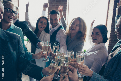 Sticker Close up photo of large big company of people having fun in office drinking gold