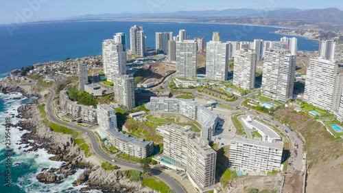 Aerial view and cityscape of Viña del Mar, Chile, with dunes and beaches 
