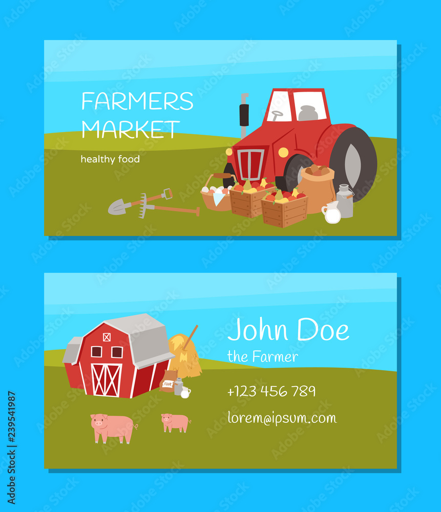 Farmers market and agriculture business card with cartoon farm equipment, food and animals vector illustration. Healthy food. Tractor, sacks with potato, boxes with fruits, jar with milk Farmers market and agriculture business card with cartoon farm equipment, food and animals vector illustration. Healthy food. Tractor, sacks with potato, boxes with fruits, jar with milk