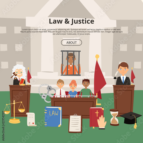 Judge vector justice law court and legal judgment of people character criminal character in prison backdrop illustration judicial courthouse background