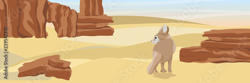 Desert fennec fox in the desert. Wildlife of North Africa. Desert with stone rocks and yellow sand. Landscapes of Africa and Australia. Sahara. Realistic Vector Landscape