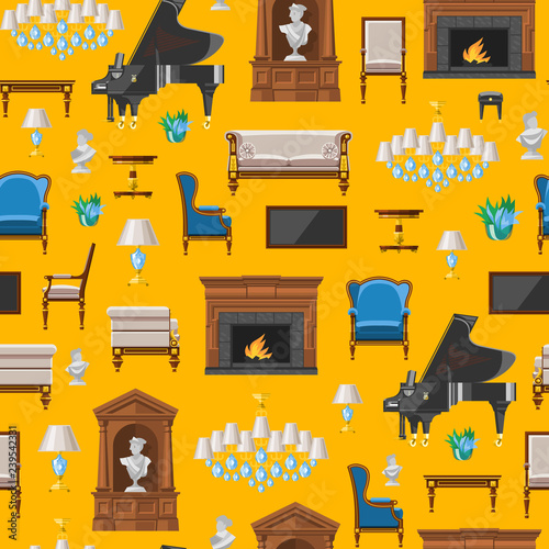 Furniture seamless pattern vector furnishings design of living-room backdrop furnished interior in apartment sofa table arm-chair to furnish room illustration background