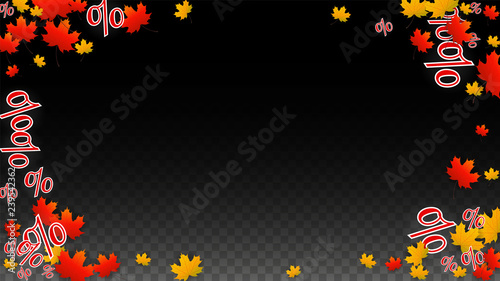 Vector Percentage Sign and Autumn Leaves Confetti on Transparent Background. Percent Sale Background. Business, Economics, Finance Print. Discount Illustration. Promotion poster. Black Friday Banner. 