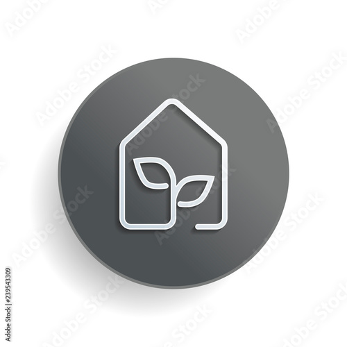 eco house icon concept. White paper symbol on gray round button with shadow